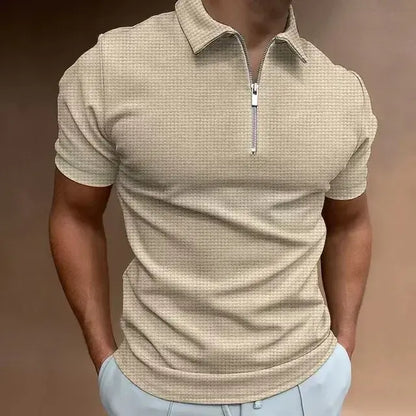 Summer Zipper Waffle Polo Shirt Short Sleeve