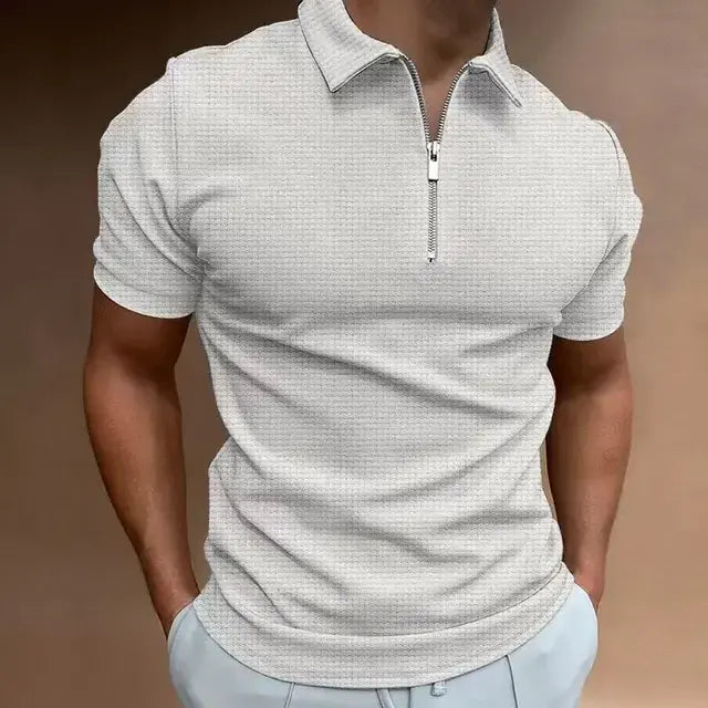 Summer Zipper Waffle Polo Shirt Short Sleeve
