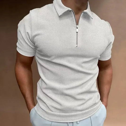 Summer Zipper Waffle Polo Shirt Short Sleeve